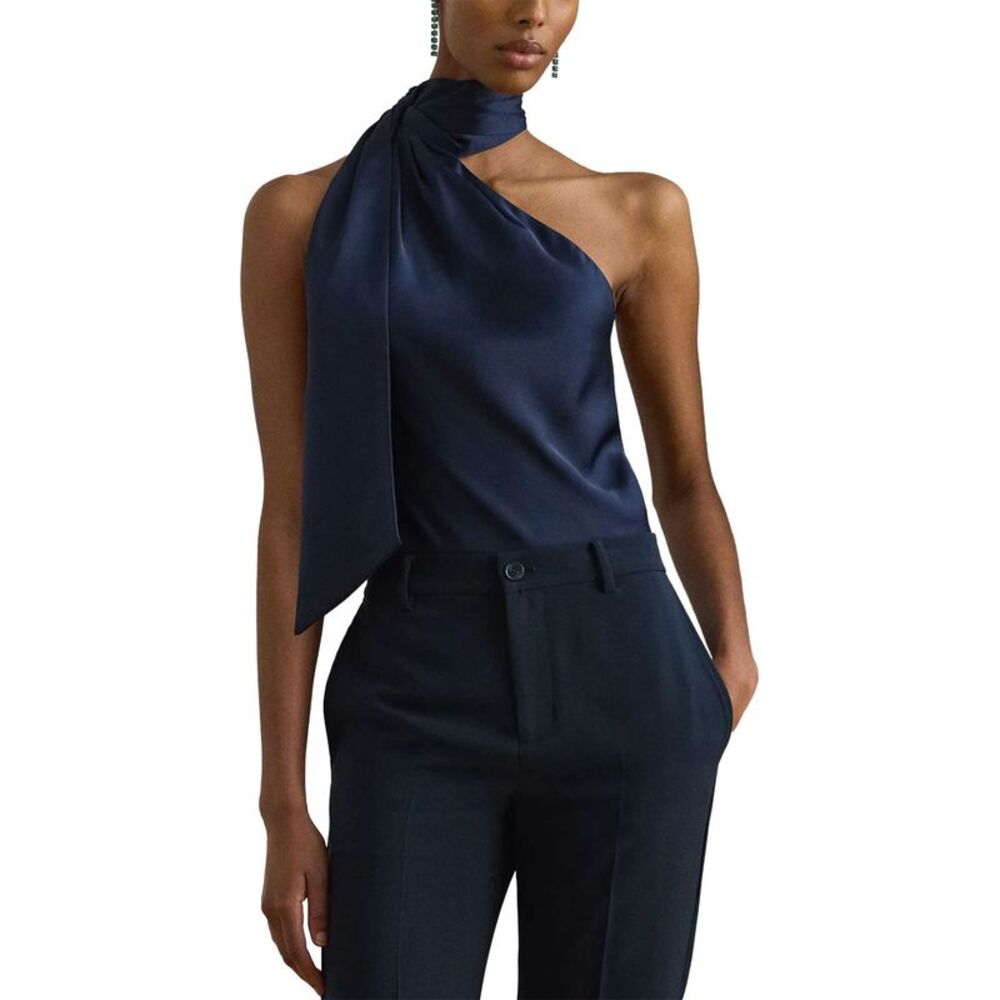 Lauren Ralph Lauren Womens Charmeuse Tie-Neck Halter Top 12 Refined Navy - NWT